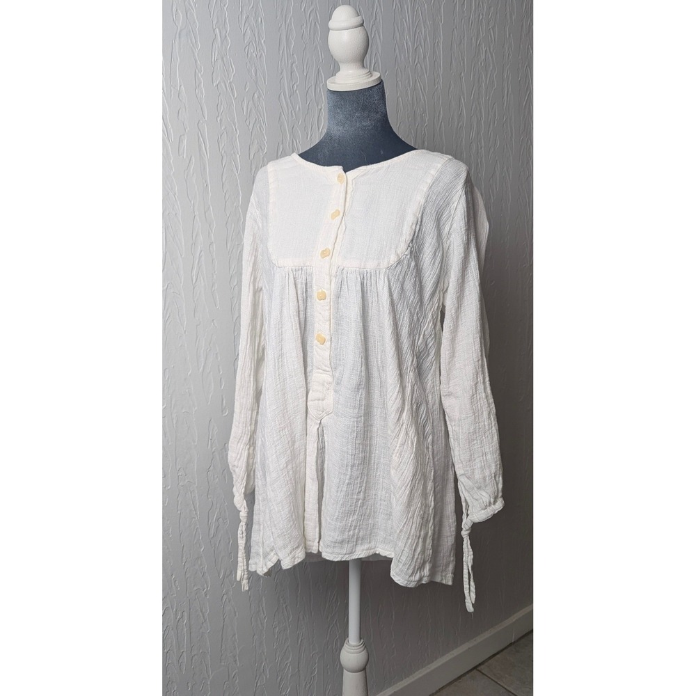 White Gauze Boho Tunic Top Long L Sleeve Tie Cuff Button Front‎ Blouse Logden